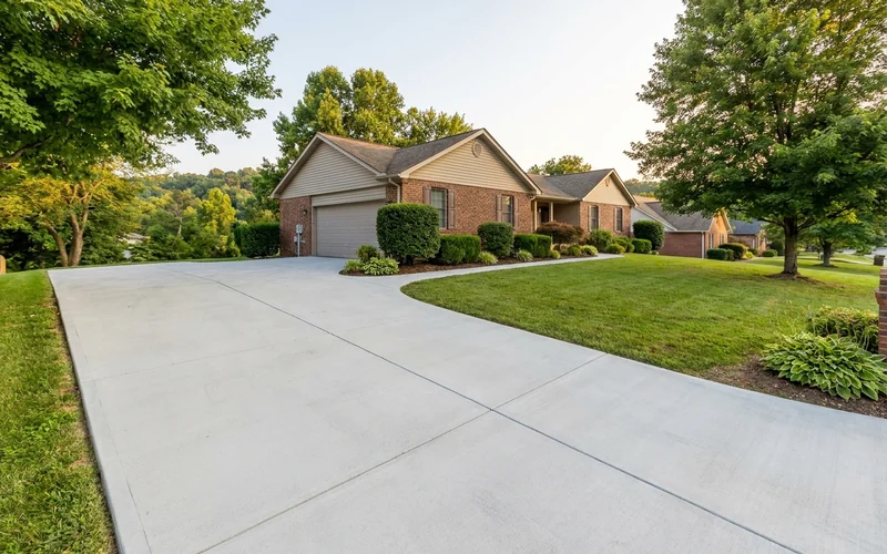 Clean concrete driveway leading to a brick ranch home with a green lawn and shade trees